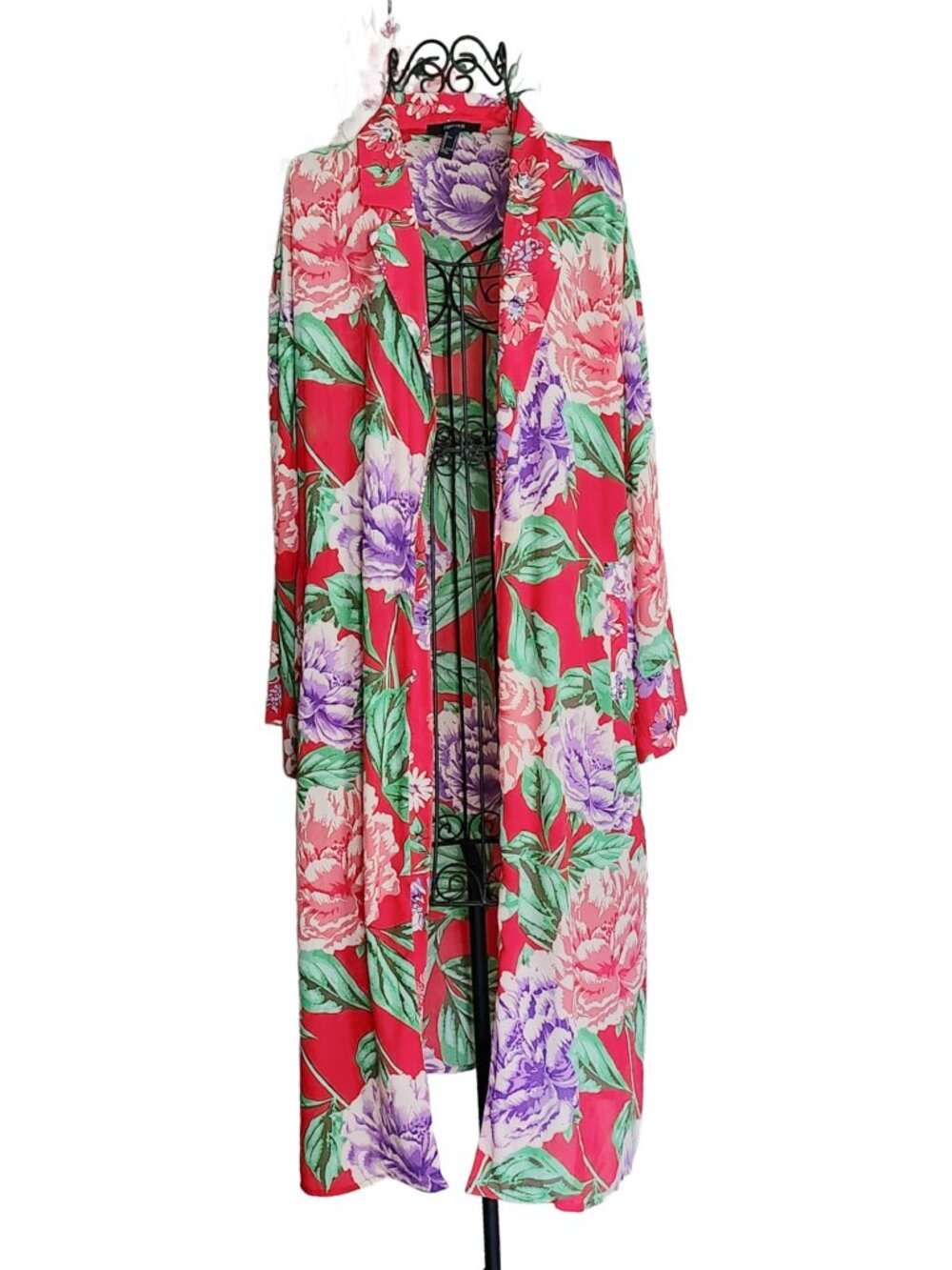 Red Floral  Long-line Open Front Duster Size L